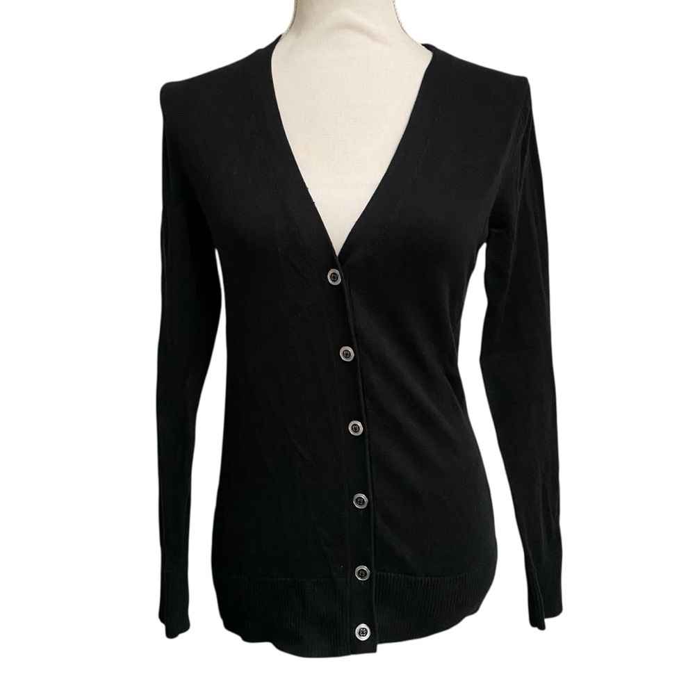 Banana Republic Factory Black V-Neck Button Cardigan Striped Back Petite S